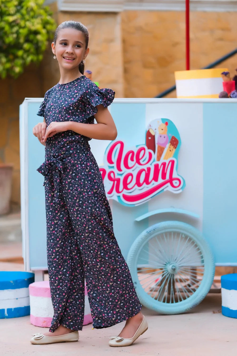 Dhaga Kids Pret Solids Linen 1 Piece Grey Pink Floral Ruffle Jumpsuit DHKJP01 - Summer Collection