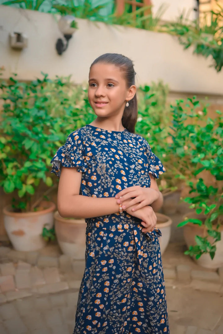 Dhaga Kids Pret Printed Linen 1 Piece Blue Orange Floral Ruffle Jumpsuit DHKJP01 - Summer Collection