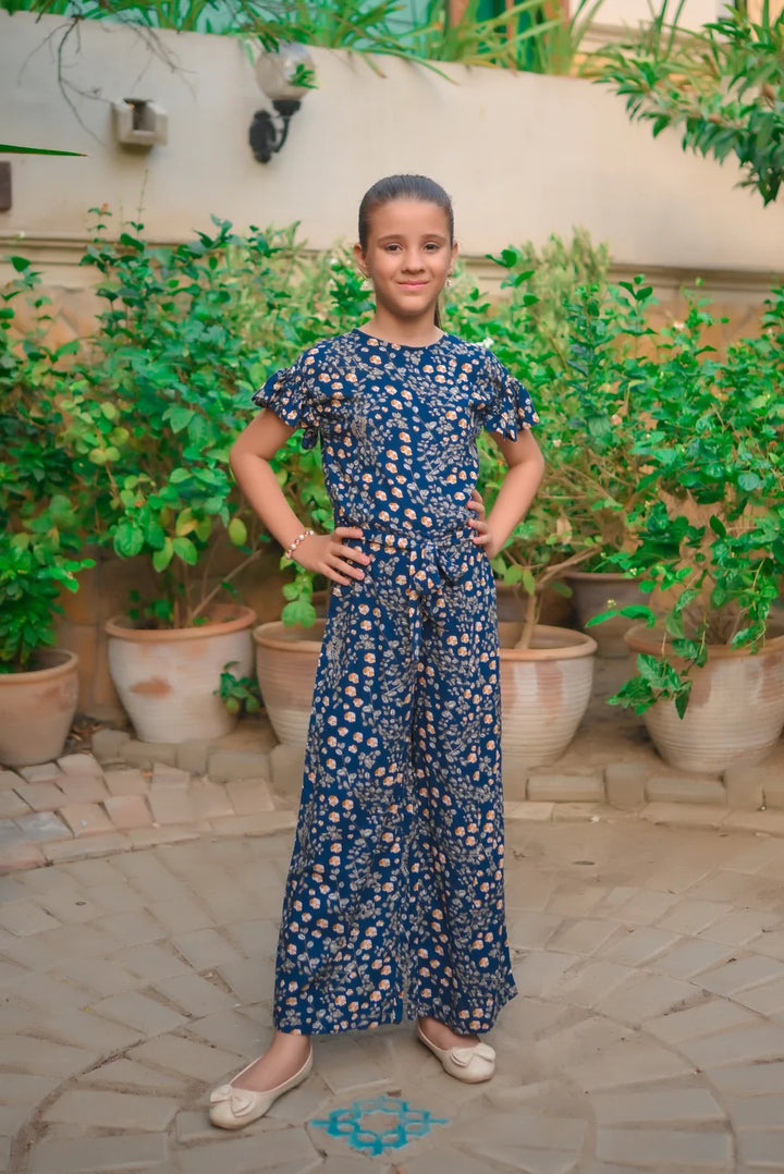 Dhaga Kids Pret Printed Linen 1 Piece Blue Orange Floral Ruffle Jumpsuit DHKJP01 - Summer Collection