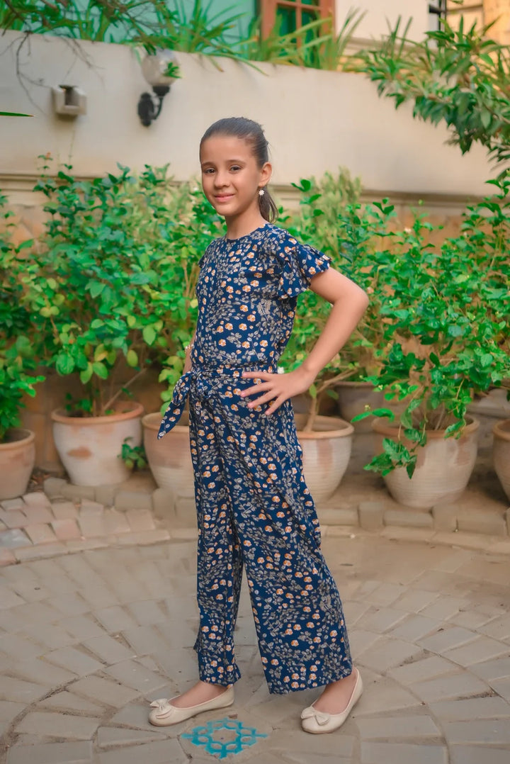 Dhaga Kids Pret Printed Linen 1 Piece Blue Orange Floral Ruffle Jumpsuit DHKJP01 - Summer Collection