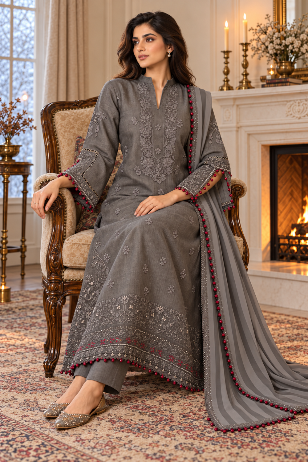 Noor Pashmina Shawl by Saadia Asad Unstitched Embroidered Khaddar 3 Piece Suit SA26UNW D13 - Winter Collection
