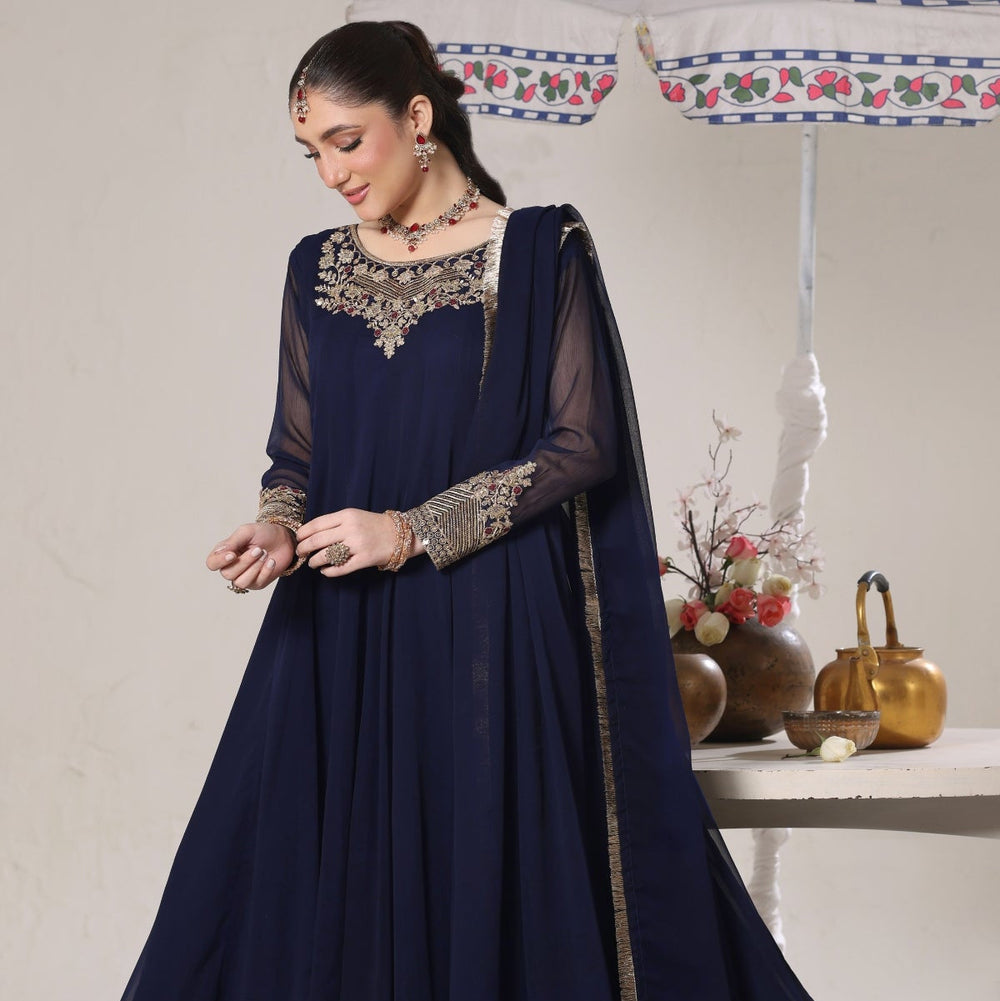 Unss Apparel Women Pret Embroidered Chiffon 3 piece suit Nure Navy Blue - Festive Collection