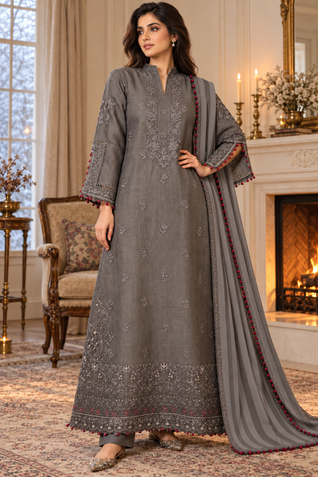 Noor Pashmina Shawl by Saadia Asad Unstitched Embroidered Khaddar 3 Piece Suit SA26UNW D13 - Winter Collection