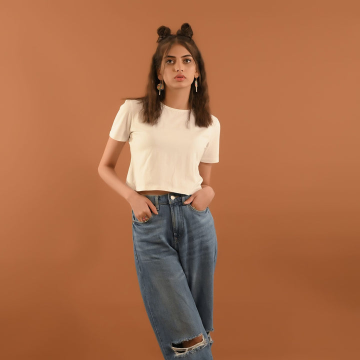 Dhaga Women Western Solids T- Shirt jersy White Crop DT10002 - Summer Collection