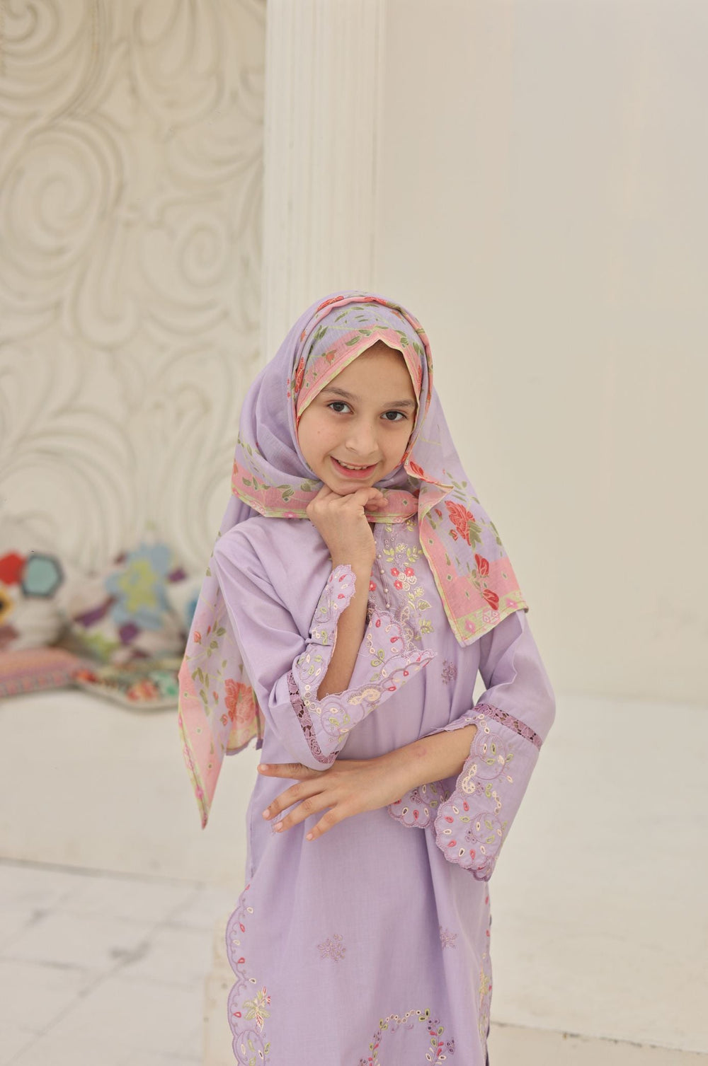 Guriya by Suntex Fabrics Girls RTW Embroidered Cotton 3 Piece Suit Pastel Lavender Festive Collection