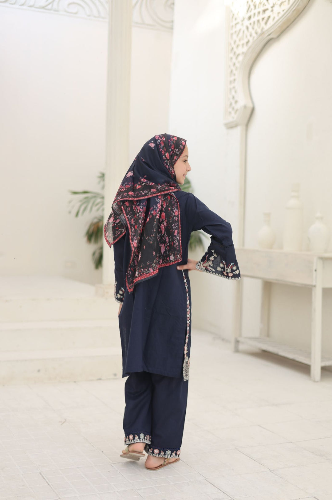 Guriya by Suntex Fabrics Girls RTW Embroidered Cotton 3 Piece Suit Royal Navy Festive Collection