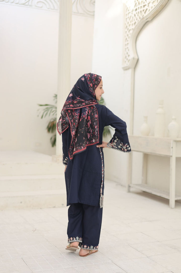 Guriya by Suntex Fabrics Girls RTW Embroidered Cotton 3 Piece Suit Royal Navy Festive Collection