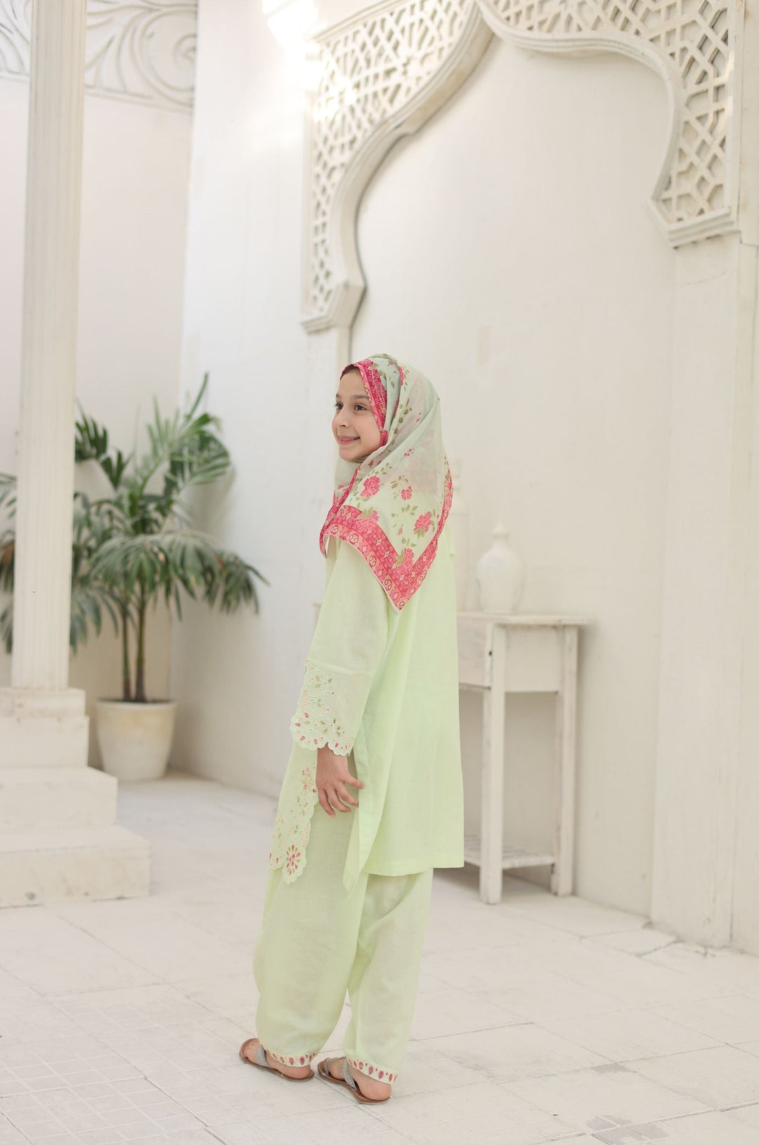 Guriya by Suntex Fabrics Girls RTW Embroidered Cotton 3 Piece Suit Pistachio Festive Collection