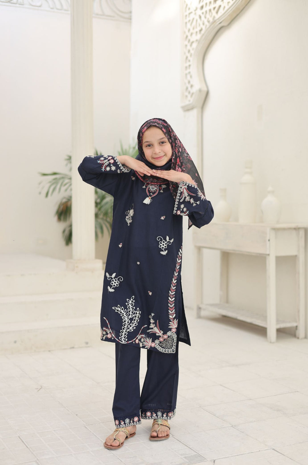Guriya by Suntex Fabrics Girls RTW Embroidered Cotton 3 Piece Suit Royal Navy Festive Collection