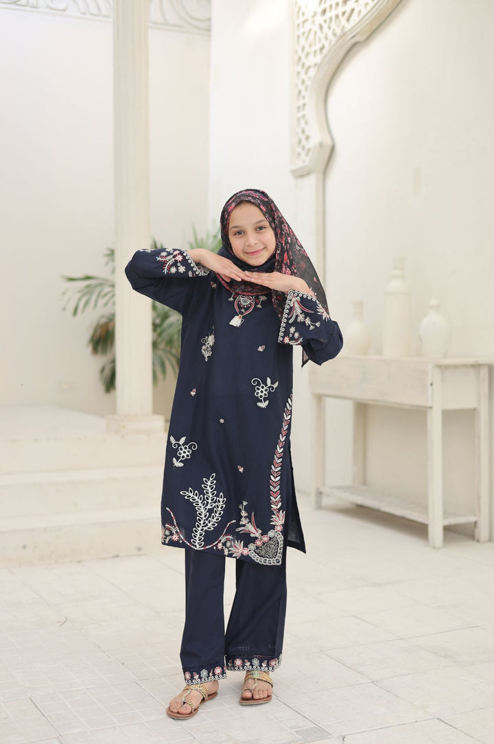 Guriya by Suntex Fabrics Girls RTW Embroidered Cotton 3 Piece Suit Royal Navy Festive Collection