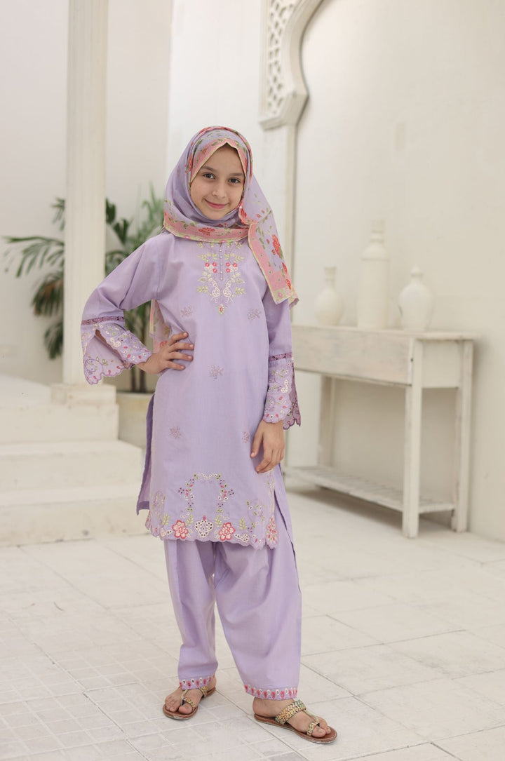 Guriya by Suntex Fabrics Girls RTW Embroidered Cotton 3 Piece Suit Pastel Lavender Festive Collection