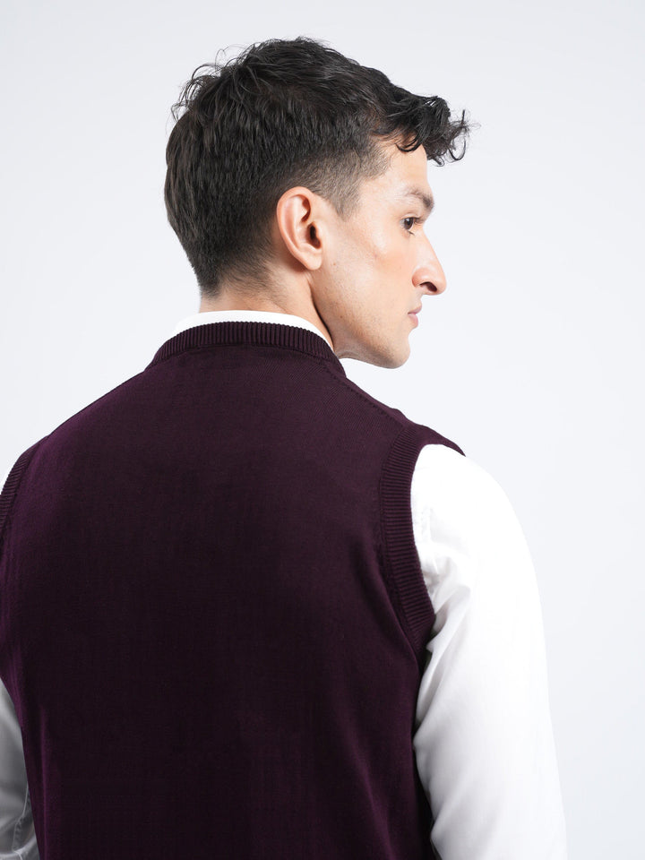 Brumano Mens RTW Solids Cotton 1 Piece Maroon Sleeveless V-Neck Winter Collection
