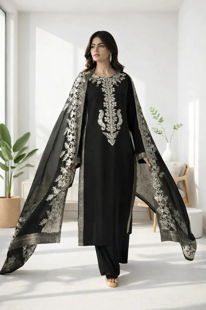 Silk Atelier by Jamni RTW Embroidered Korean Silk 3 Piece Suit MIDNIGHT BOW Festive Collection