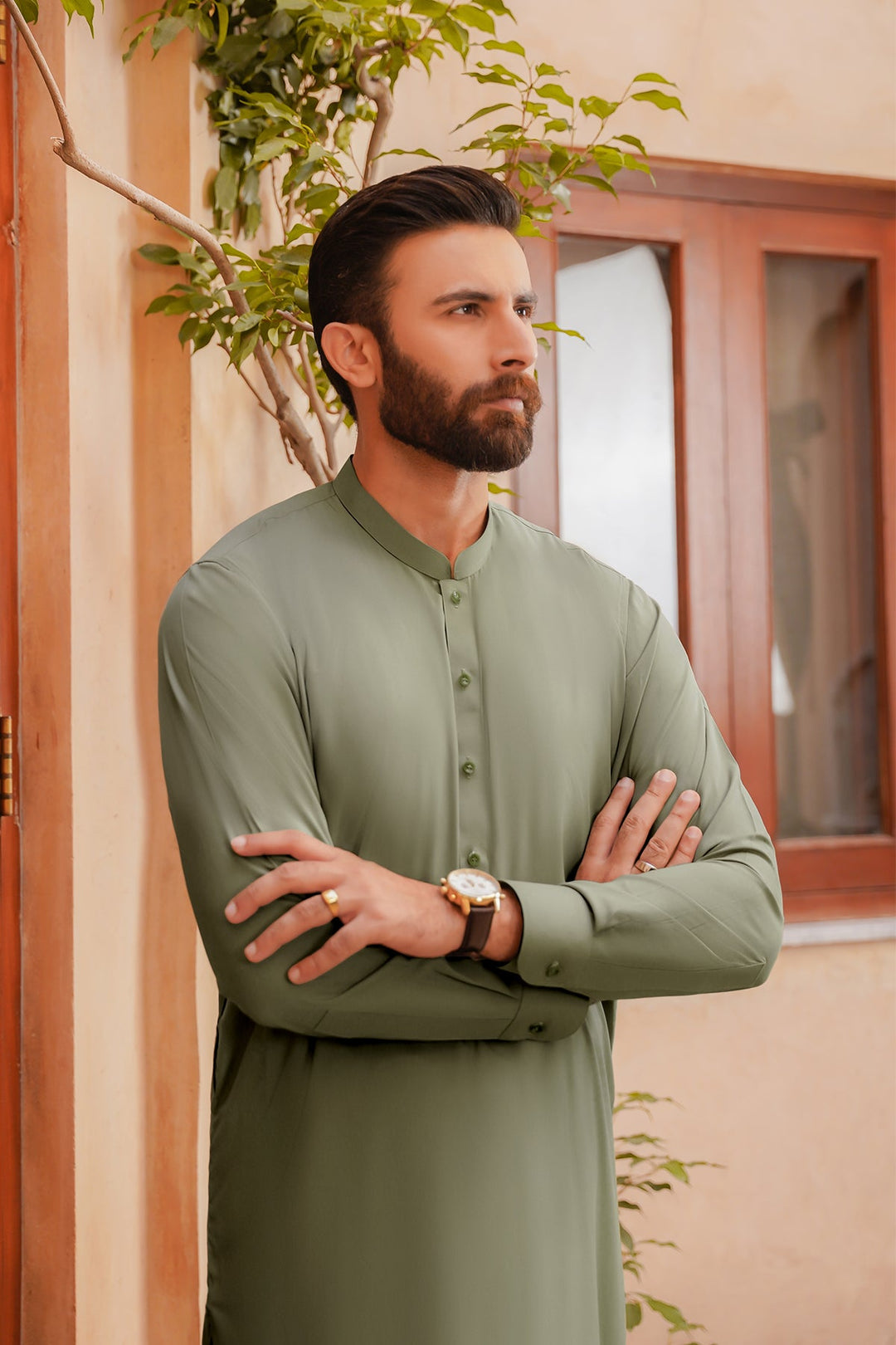 Misaal by Divinely Crafted Solids Shalwar Kameez For Men Sage Green Blended SK400-0725-SG - Summer Collection