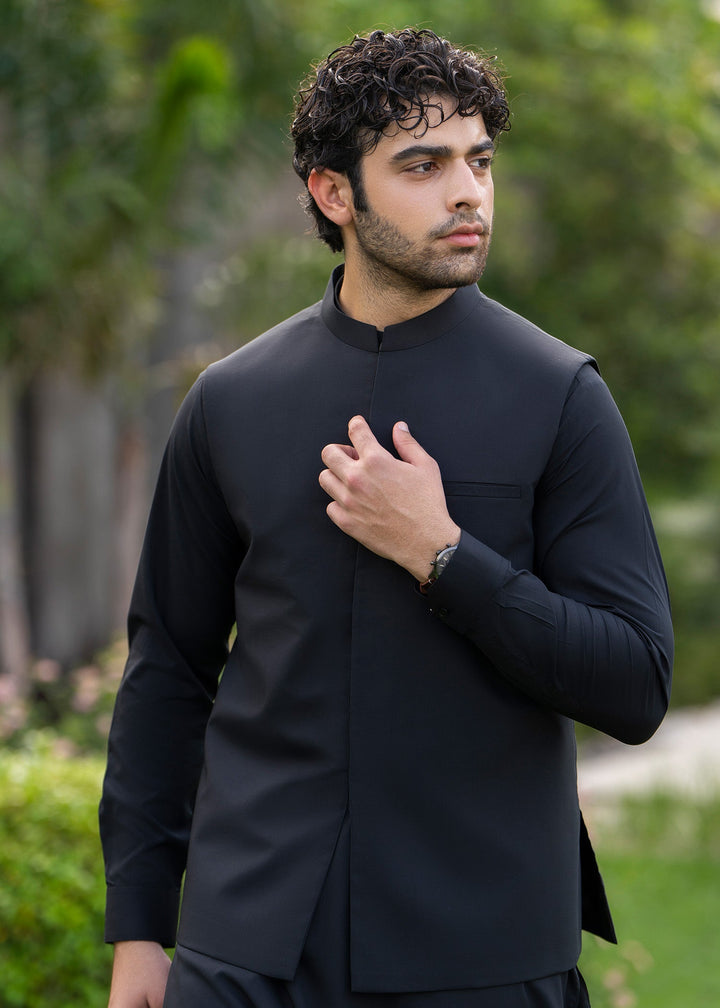 Buraq Men RTW Solids Blended 3 Piece Suit Black Formal Winter Collection