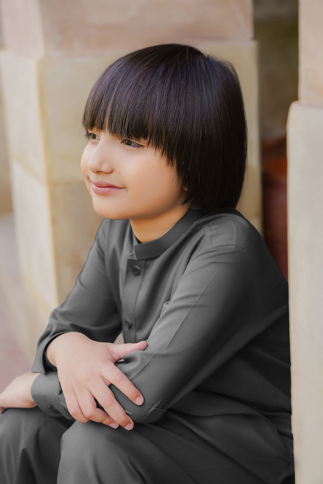 Paasban by Divinely Crafted Solids Blended 2 Piece Shalwar Kameez For Kids Pebble Grey - Summer Collection