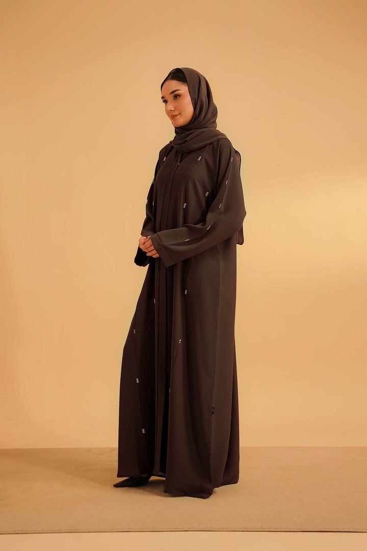 Divinely Crafted Women Pret Solids 1 Piece Georgette Embellished Abaya Mocha Brown - Summer Collection