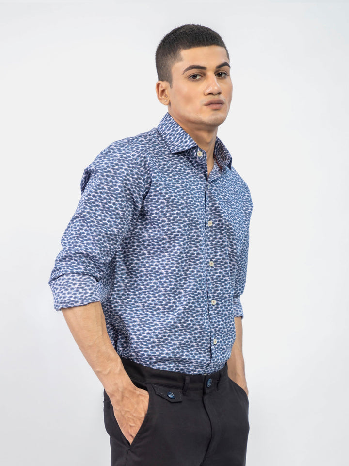 Brumano Ready To Wear Shirts Men 1 Piece Cotton Navy Blue Abstract Printed Shirt With Classic Collar 0-31-024-5095 - Summer Collection