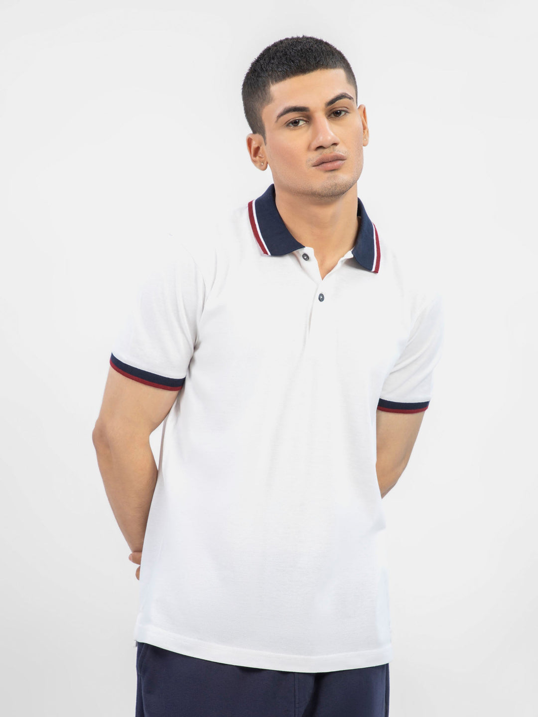 Brumano  Solids Cotton Polo White Pique Polo With Contrasting Navy Collar