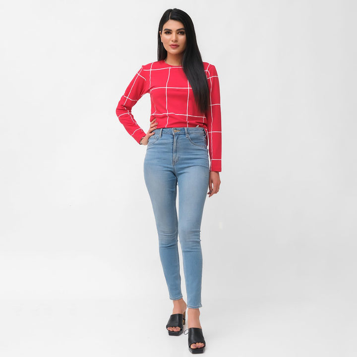 Dhaga Women Western Solids T- Shirt jersy Red Full Sleeves Lines DH10007 - Summer Collection