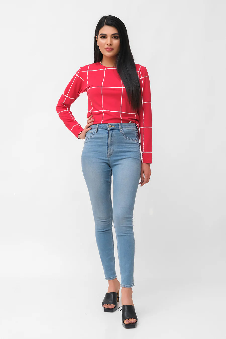 Dhaga Women Western Solids T- Shirt jersy Red Full Sleeves Lines DH10007 - Summer Collection