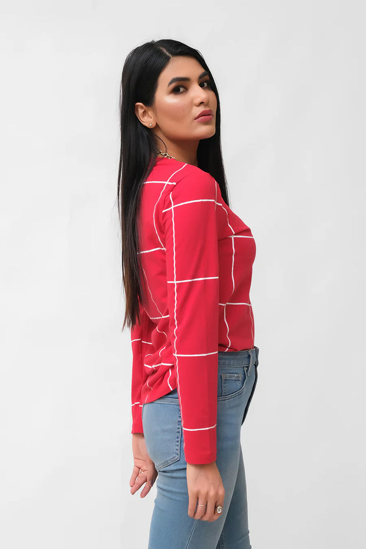 Dhaga Women Western Solids T- Shirt jersy Red Full Sleeves Lines DH10007 - Summer Collection