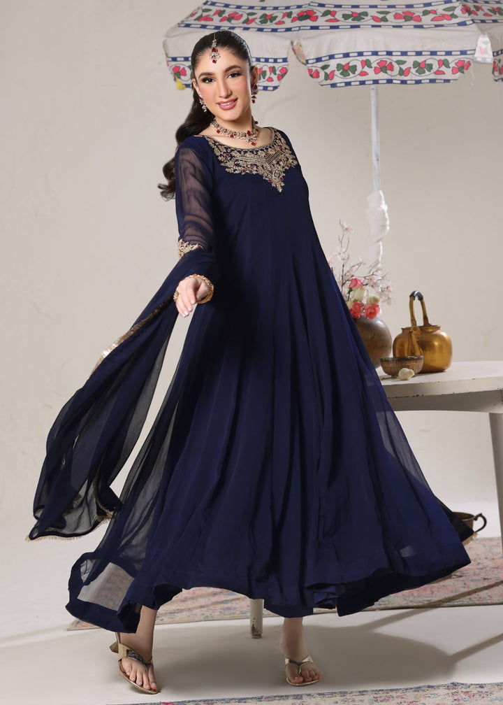 Unss Apparel Women Pret Embroidered Chiffon 3 piece suit Nure Navy Blue - Festive Collection