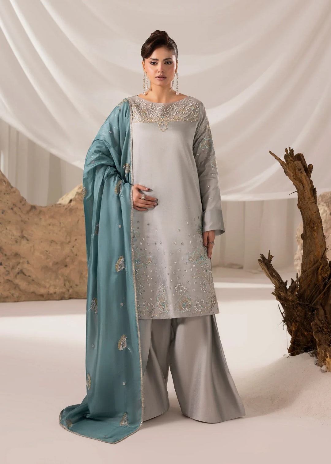 Celeste by Jamni RTW Embroidered Sheesh Silk 3 Piece Suit QUARTZ Festive Collection