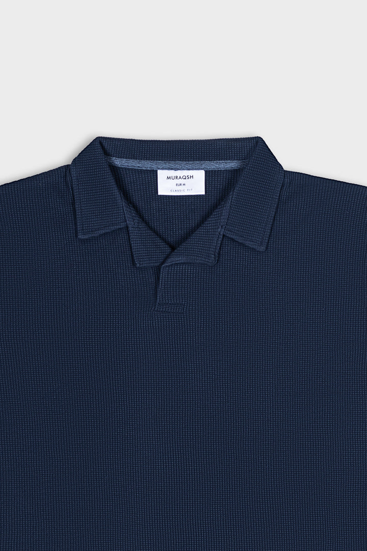 Muraqsh Ready To Wear Solids Cotton Men Navy Blue Waffle Revere Polo ABD-NBWRP - Summer Collection