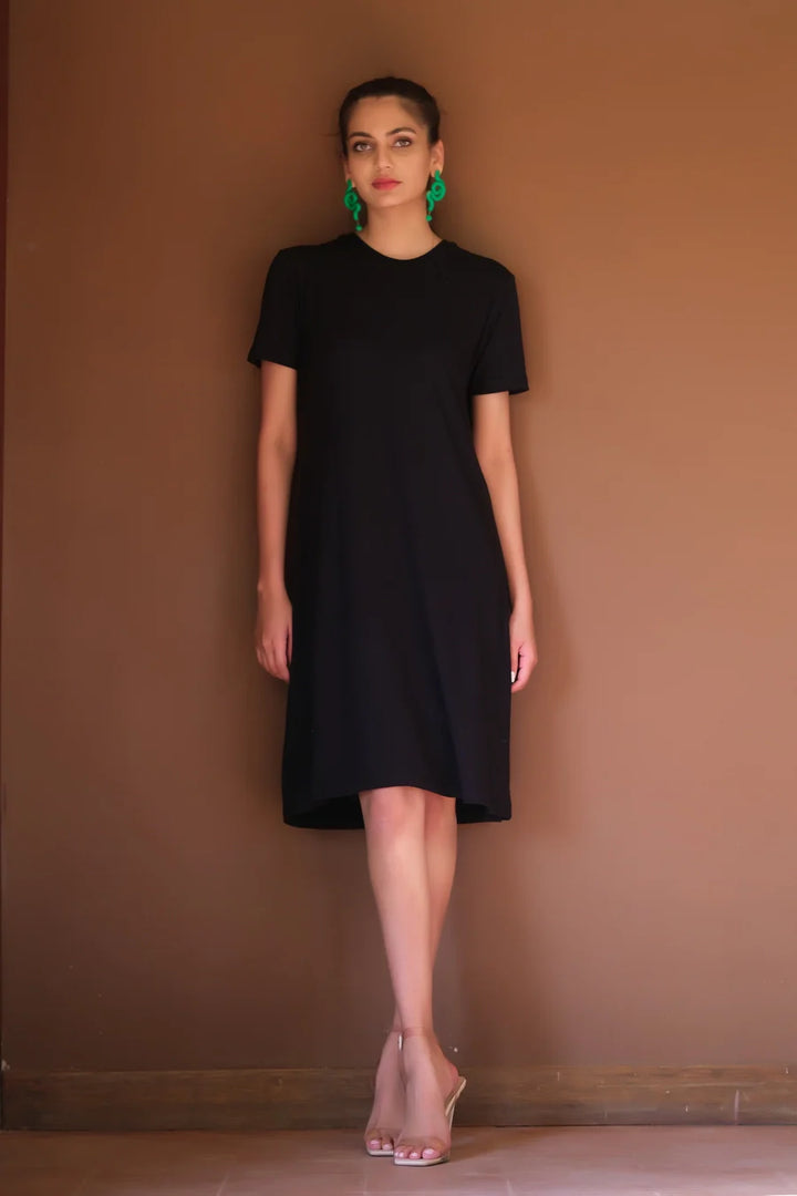 Dhaga Women Western Solids T- Shirt jersy Knit Midi Dress Black DHLT08 - Summer Collection