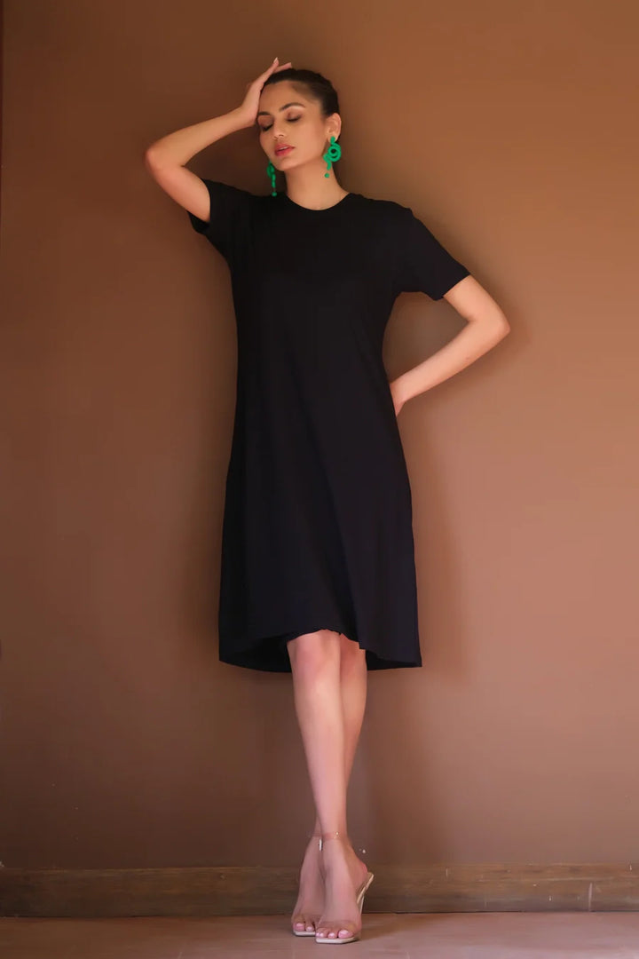 Dhaga Women Western Solids T- Shirt jersy Knit Midi Dress Black DHLT08 - Summer Collection