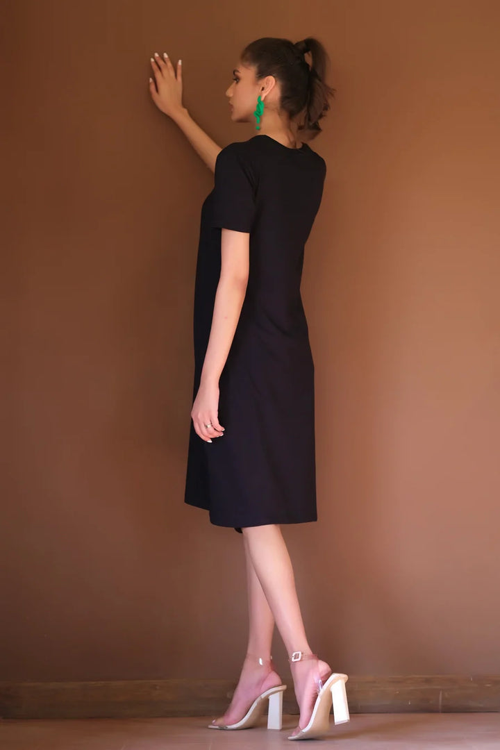 Dhaga Women Western Solids T- Shirt jersy Knit Midi Dress Black DHLT08 - Summer Collection