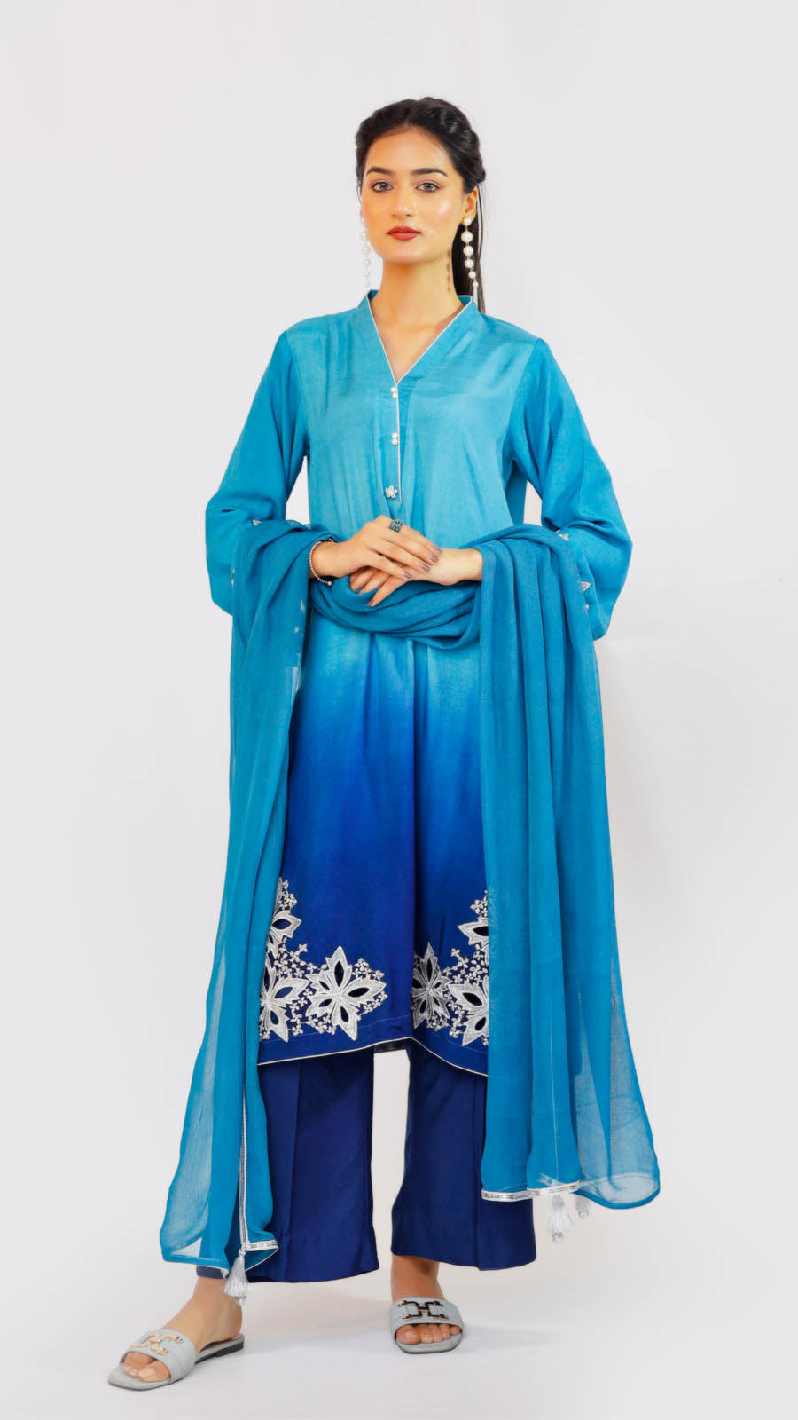 Jashn e Eid by Reezas Women Embroidered Lawn Silk 3 Piece Rang-e-baharan blue ombre - Summer Collection