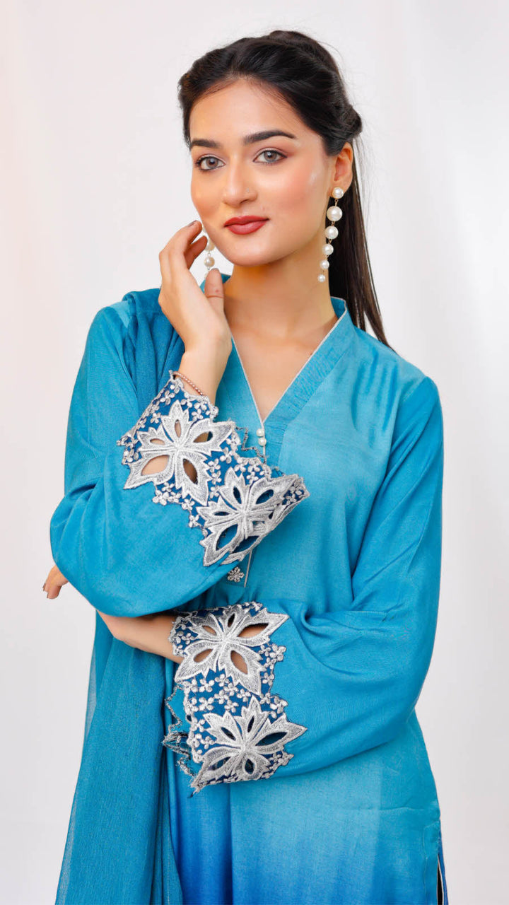 Jashn e Eid by Reezas Women Embroidered Lawn Silk 3 Piece Rang-e-baharan blue ombre - Summer Collection