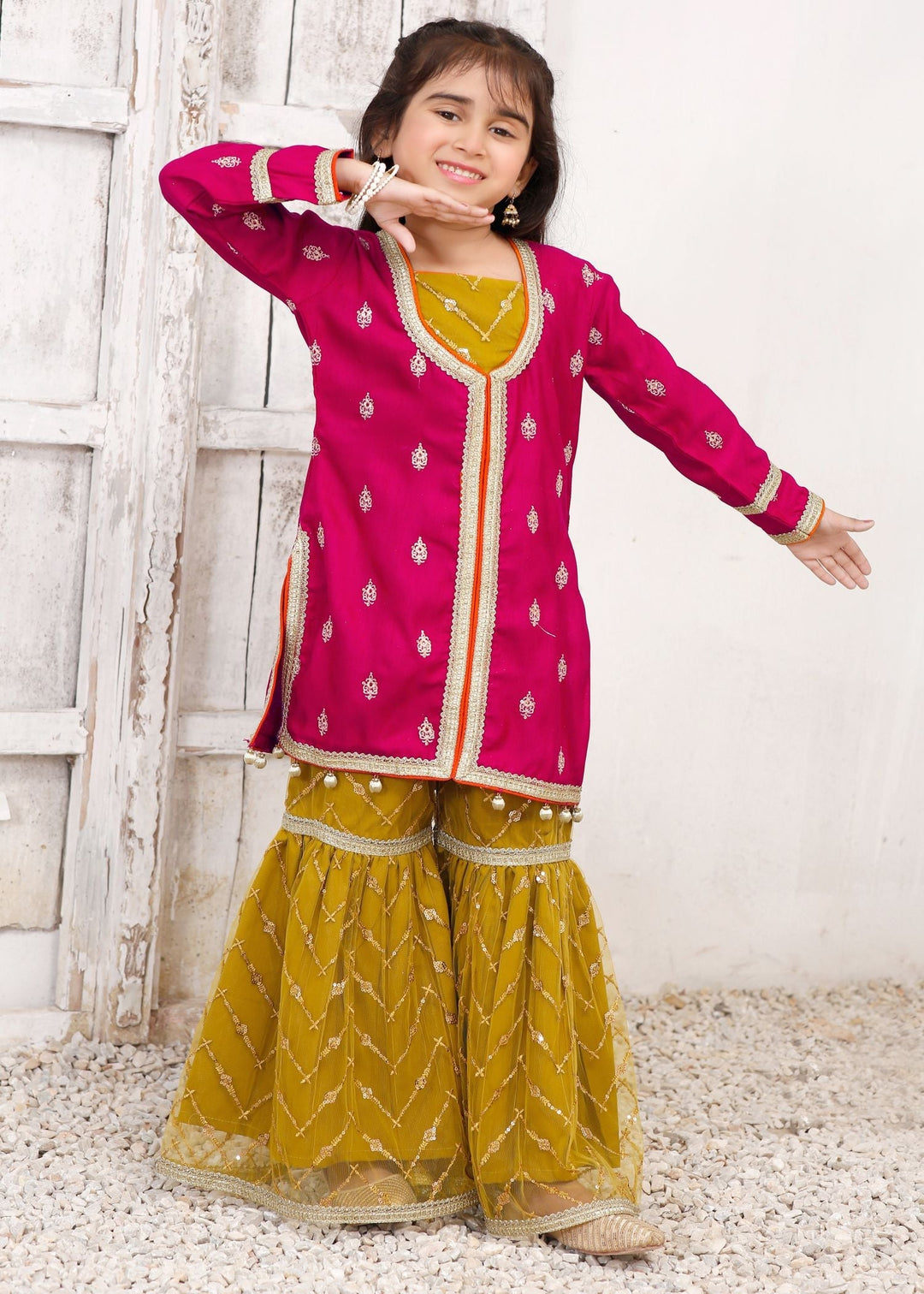 Modest Girls RTW Embroidered Silk 3 Piece Suit Rawsilk Gharara Wedding Collection