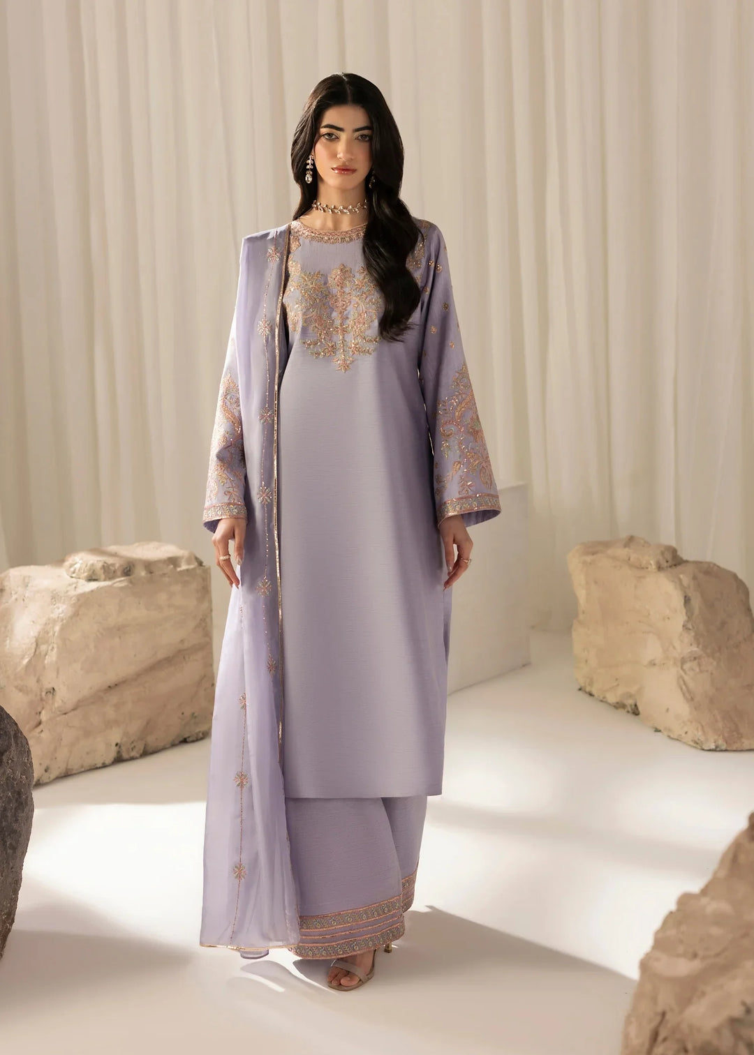 Silk Atelier by Jamni RTW Embroidered Korean Silk 3 Piece Suit LAVENDER MIST Festive Collection