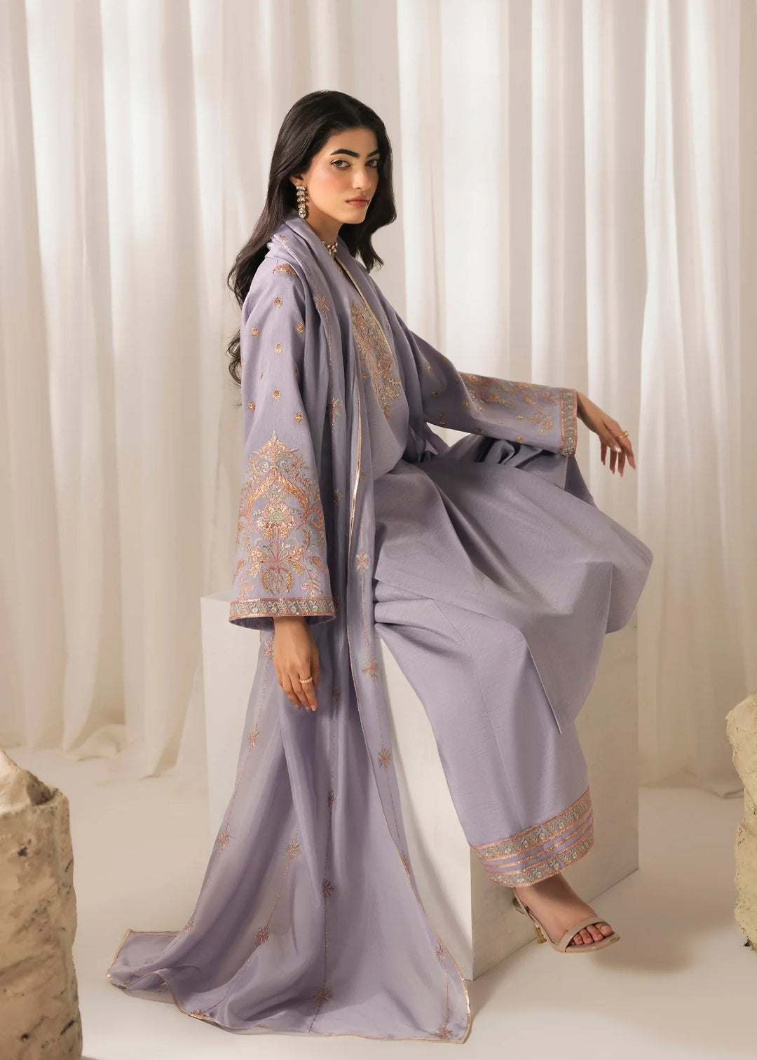 Silk Atelier by Jamni RTW Embroidered Korean Silk 3 Piece Suit LAVENDER MIST Festive Collection