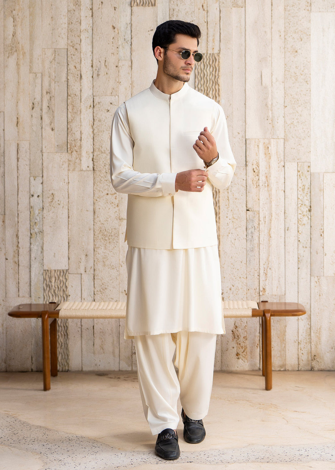 Buraq Men RTW Solids Blended 3 Piece Suit Boosky White Winter Collection