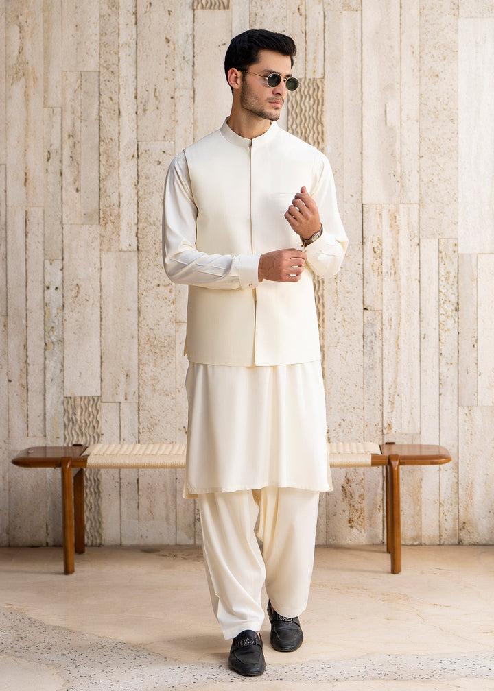Buraq Men RTW Solids Blended 3 Piece Suit Boosky White Winter Collection