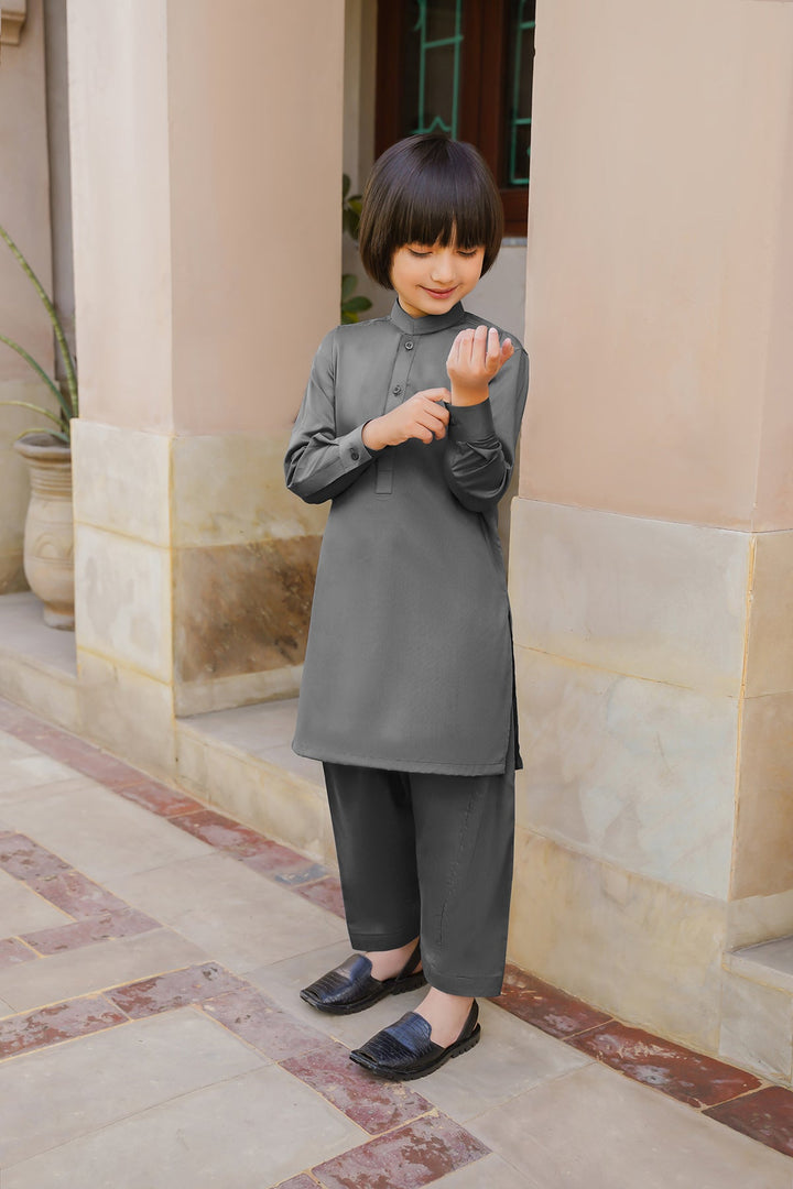 Paasban by Divinely Crafted Solids Blended 2 Piece Shalwar Kameez For Kids Pebble Grey - Summer Collection