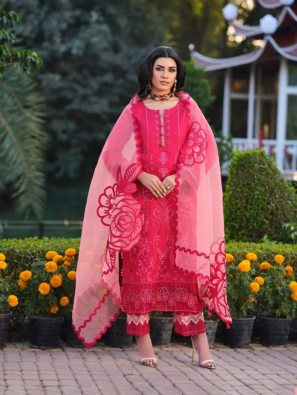 Menaal Unstitched Embroidered Lawn 3 Piece Suit ML26ULS CRIMSON ROSE - Festive Collection