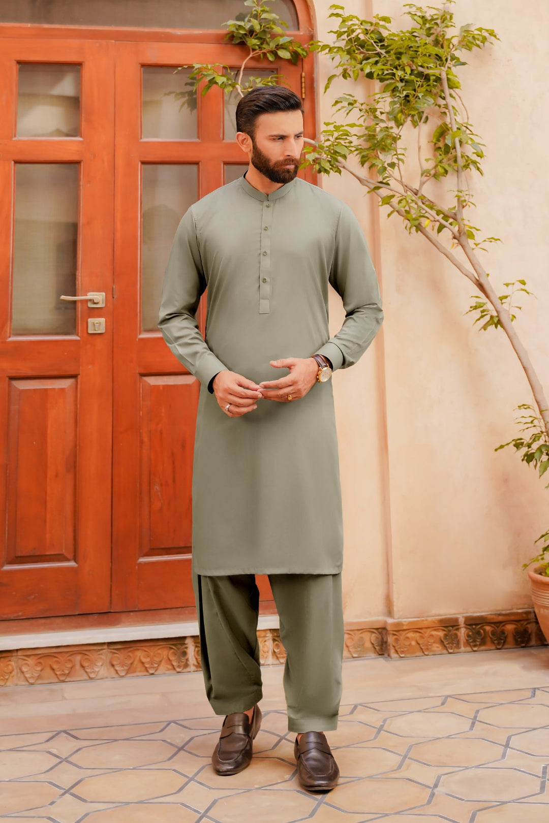 Misaal by Divinely Crafted Solids Shalwar Kameez For Men Sage Green Blended SK400-0725-SG - Summer Collection