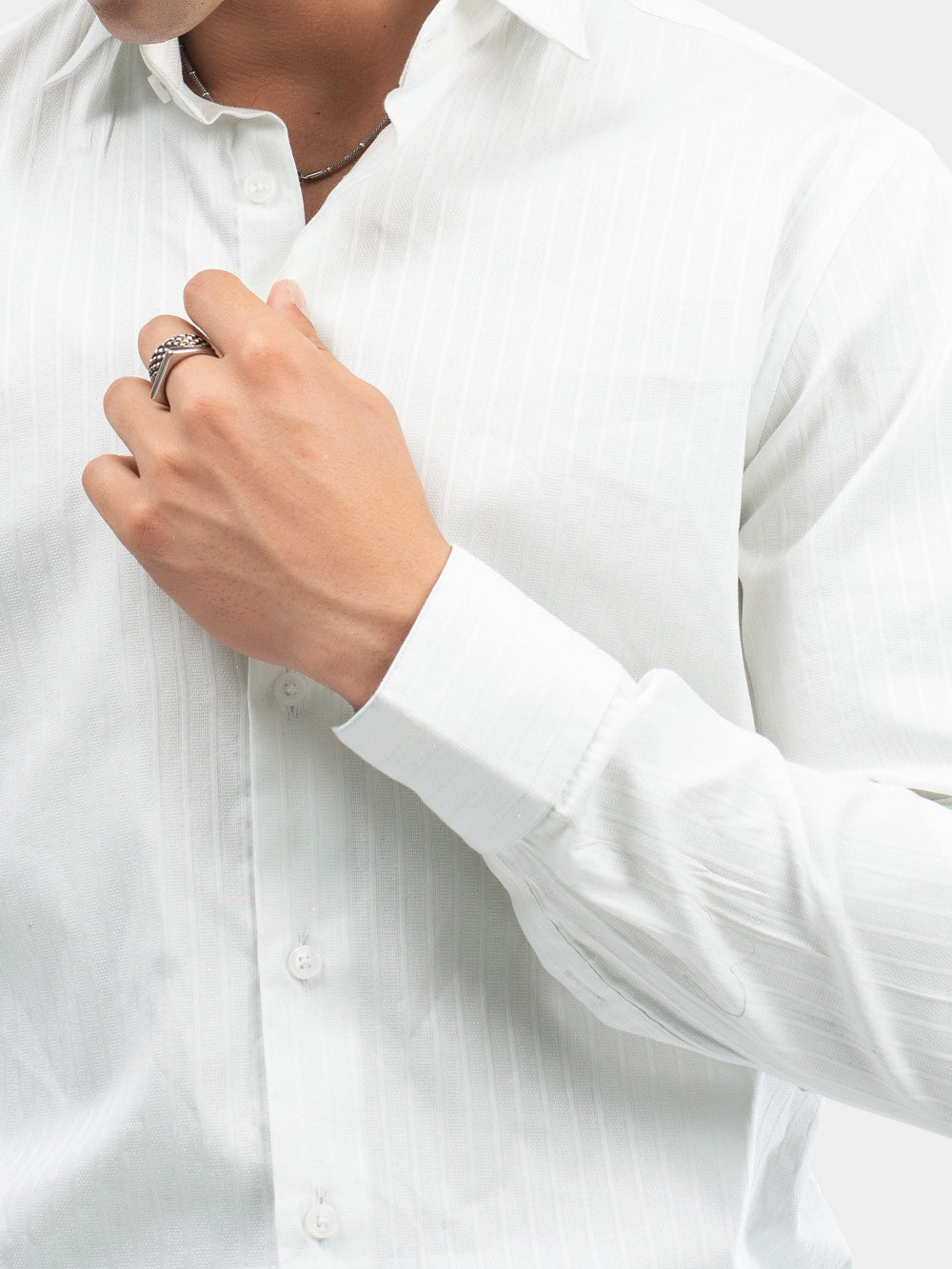 Brumano Mens RTW Solids Cotton Shirt White Structured Striped Casual Collection