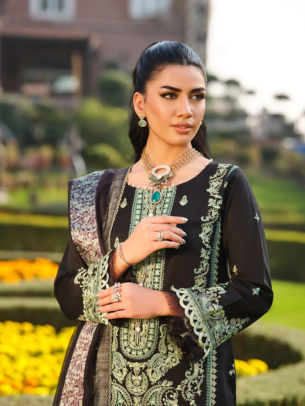 Menaal Unstitched Embroidered Lawn 3 Piece Suit ML26ULS EMERALD NOIR - Festive Collection