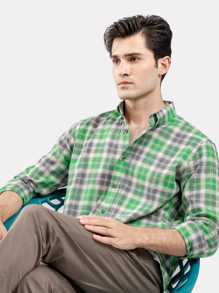 Brumano Ready To Wear Shirts Men 1 Piece Cotton Green & Grey Linen Checkered Button Down Shirt 0-31-025-4691 - Summer Collection