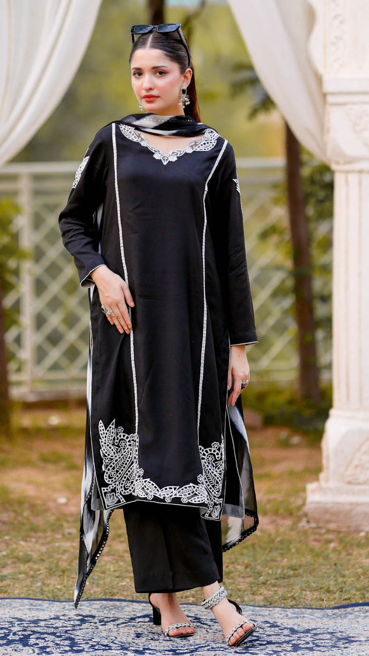 Jashn e Eid by Reezas Women Embroidered Lawn Silk 3 Piece Mehr-e-Eid Black - Summer Collection