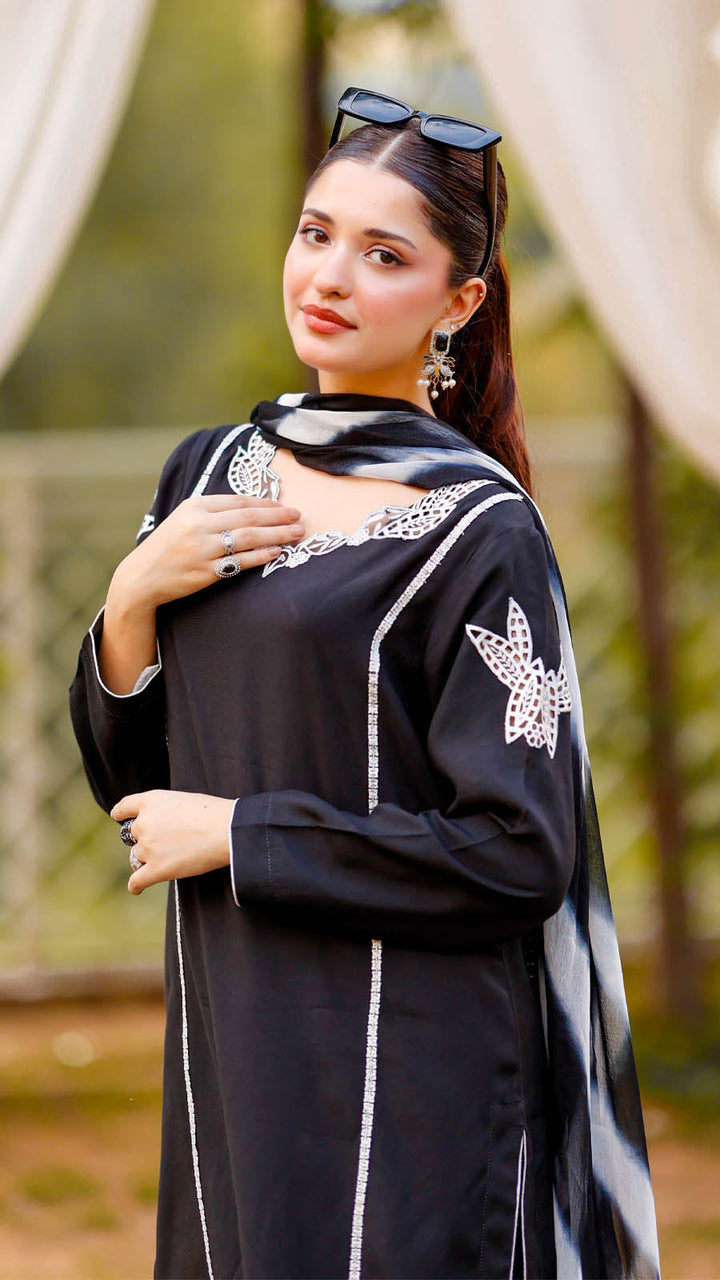 Jashn e Eid by Reezas Women Embroidered Lawn Silk 3 Piece Mehr-e-Eid Black - Summer Collection