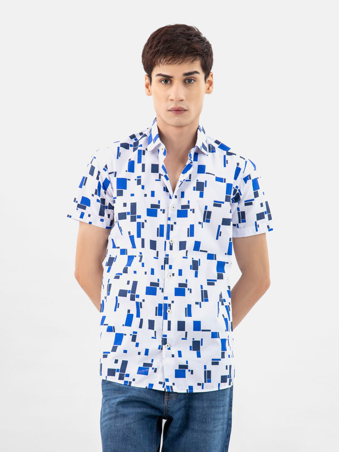Brumano Ready To Wear Shirts Men 1 Piece Cotton Blue Abstract Printed Half Sleeve Shirt 0-33-024-3242 - Summer Collection