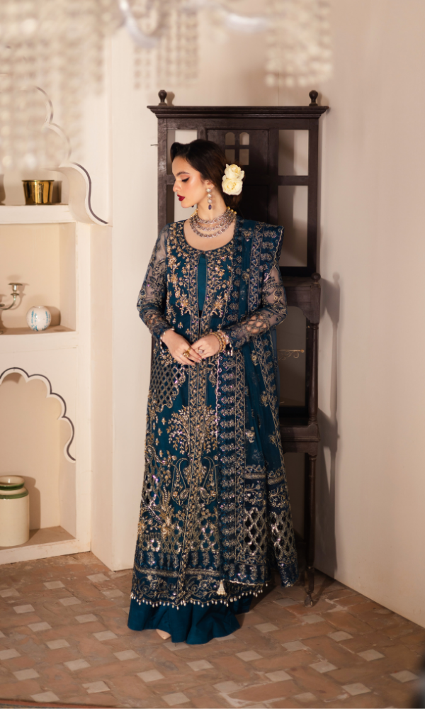 Waresha Women RTW Embroidered Net 3 Piece Suit Ocean Mirage Teal Blue - Festive Collection