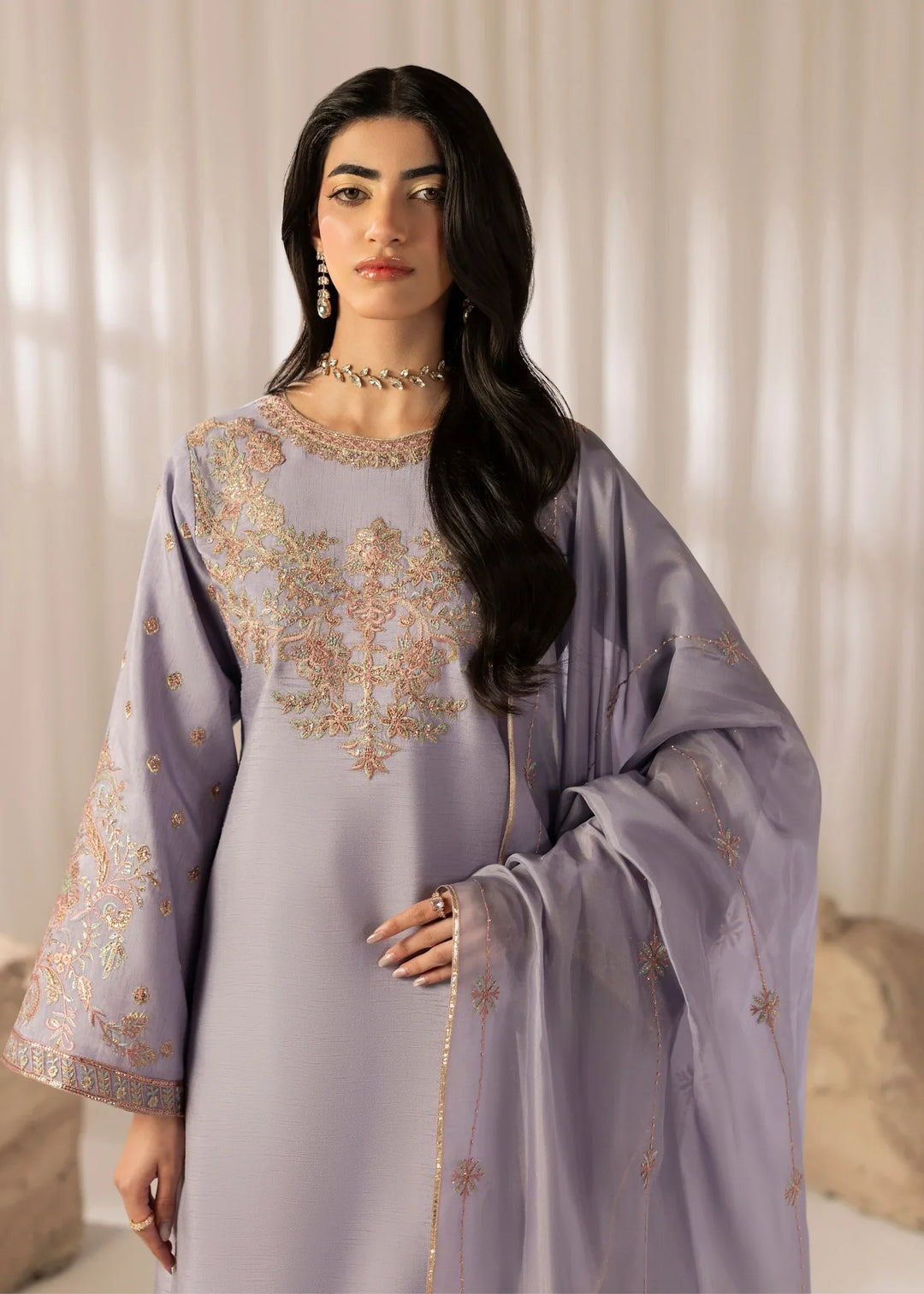 Silk Atelier by Jamni RTW Embroidered Korean Silk 3 Piece Suit LAVENDER MIST Festive Collection